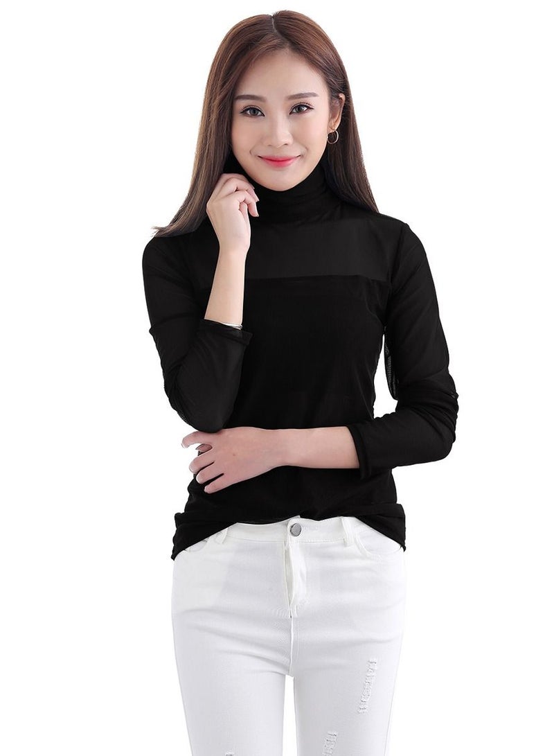 Loquat Lady's Long Sleeve Turtleneck Net Udershirt Slim-Fit Base Layer Shirt Black  - Image 1