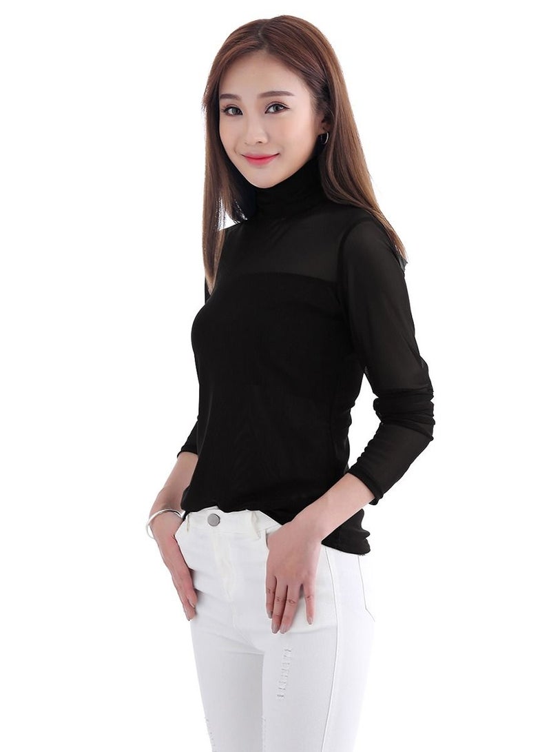 Loquat Lady's Long Sleeve Turtleneck Net Udershirt Slim-Fit Base Layer Shirt Black  - Image 2