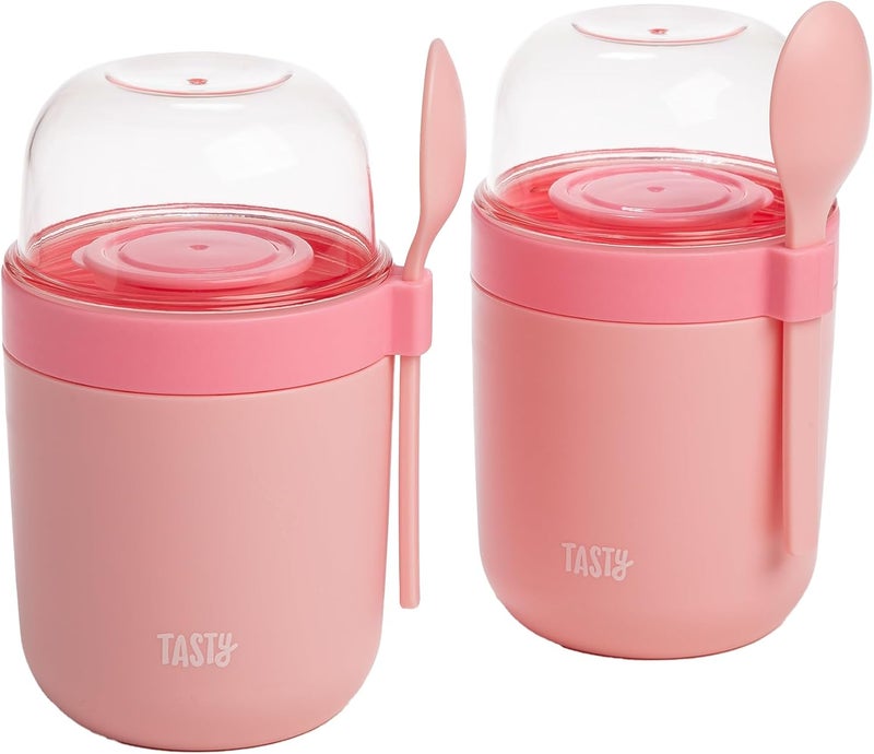 Tasty أكواب وجبات خفيفة للسفر مع ملاعق، وجبات خفيفة أثناء التنقل، أقسام مقسمة، رائعة للمكسرات، الحبوب، الجرانولا، الزبادي والمزيد، مصنوعة بدون BPA، عبوة من 2، وردي - Image 1