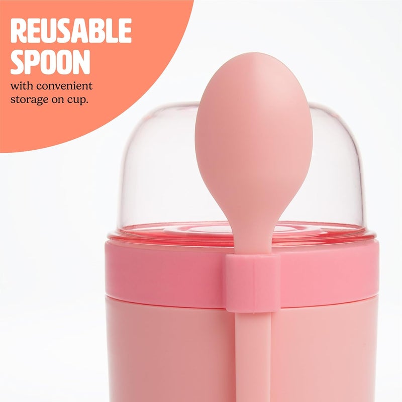 Tasty أكواب وجبات خفيفة للسفر مع ملاعق، وجبات خفيفة أثناء التنقل، أقسام مقسمة، رائعة للمكسرات، الحبوب، الجرانولا، الزبادي والمزيد، مصنوعة بدون BPA، عبوة من 2، وردي - Image 5