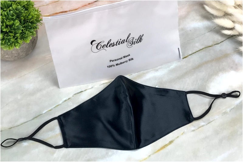 Celestial Silk Celestial Silk 100% Mulberry Silk Face Mask - Reusable Pure 22 Momme Silk Face Covering with Adjustable Ear Loops, Washable (Black)  - Image 1
