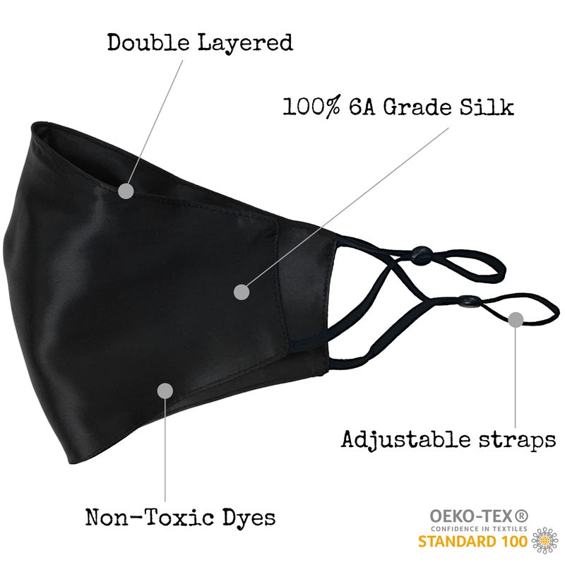 Celestial Silk Celestial Silk 100% Mulberry Silk Face Mask - Reusable Pure 22 Momme Silk Face Covering with Adjustable Ear Loops, Washable (Black)  - Image 2