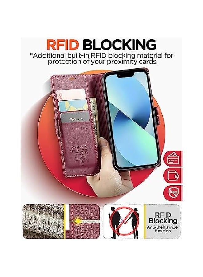 Burgundy RFID Blocking Leather Flip Folio Wallet Case for iPhone 13 6.1 - Protective Cover with Strong Magnetic Closure, Credit Card Holder, and Kickstand - Suitable for Men and Women - Image 4