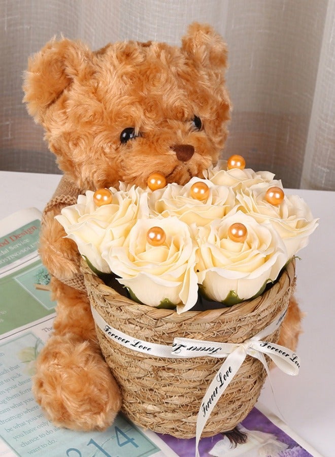 EBMINI New Creative Soap Flower Bear Rose Hug Bucket Rose Basket 