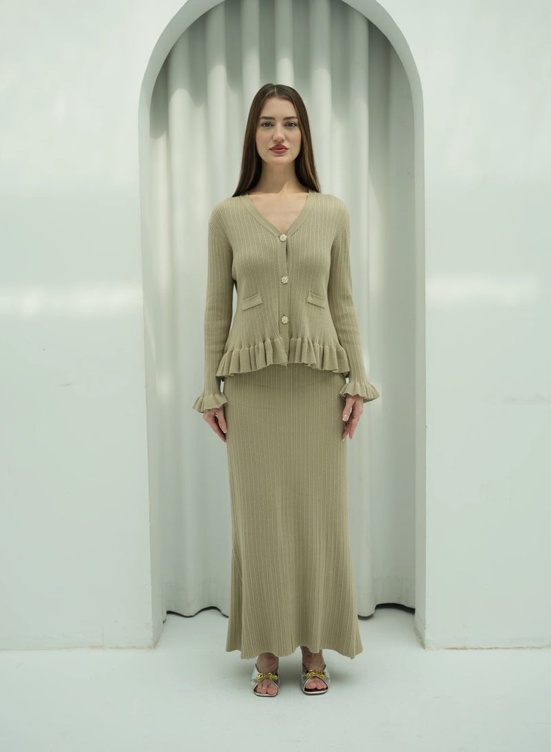 Andy 2332 | Elegant Ribbed Cotton Knit Two-Piece Set with Button-Front Peplum Top and Flared Maxi Skirt | Beige - Image 1