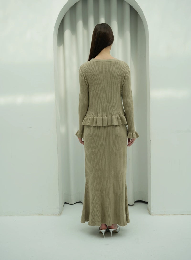Andy 2332 | Elegant Ribbed Cotton Knit Two-Piece Set with Button-Front Peplum Top and Flared Maxi Skirt | Beige - Image 3