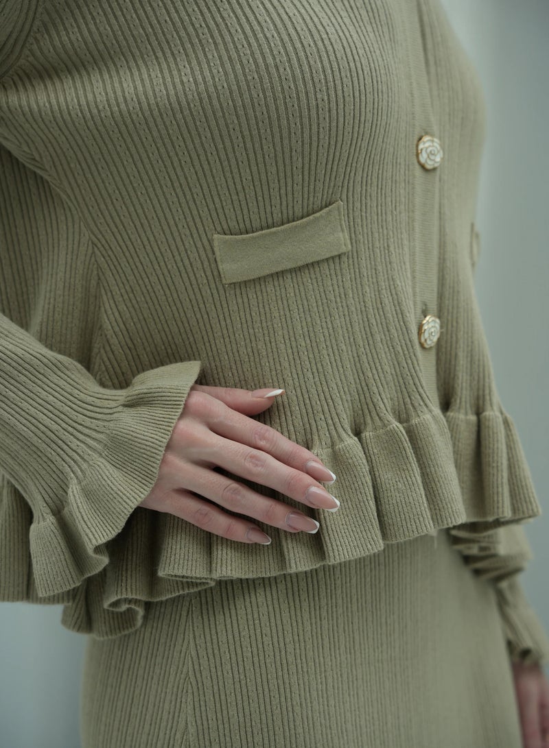 Andy 2332 | Elegant Ribbed Cotton Knit Two-Piece Set with Button-Front Peplum Top and Flared Maxi Skirt | Beige - Image 4