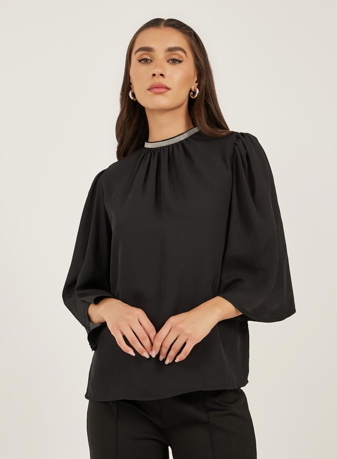 Styli Embellished Neckline Flared Angel Sleeve Blouse  - Image 2
