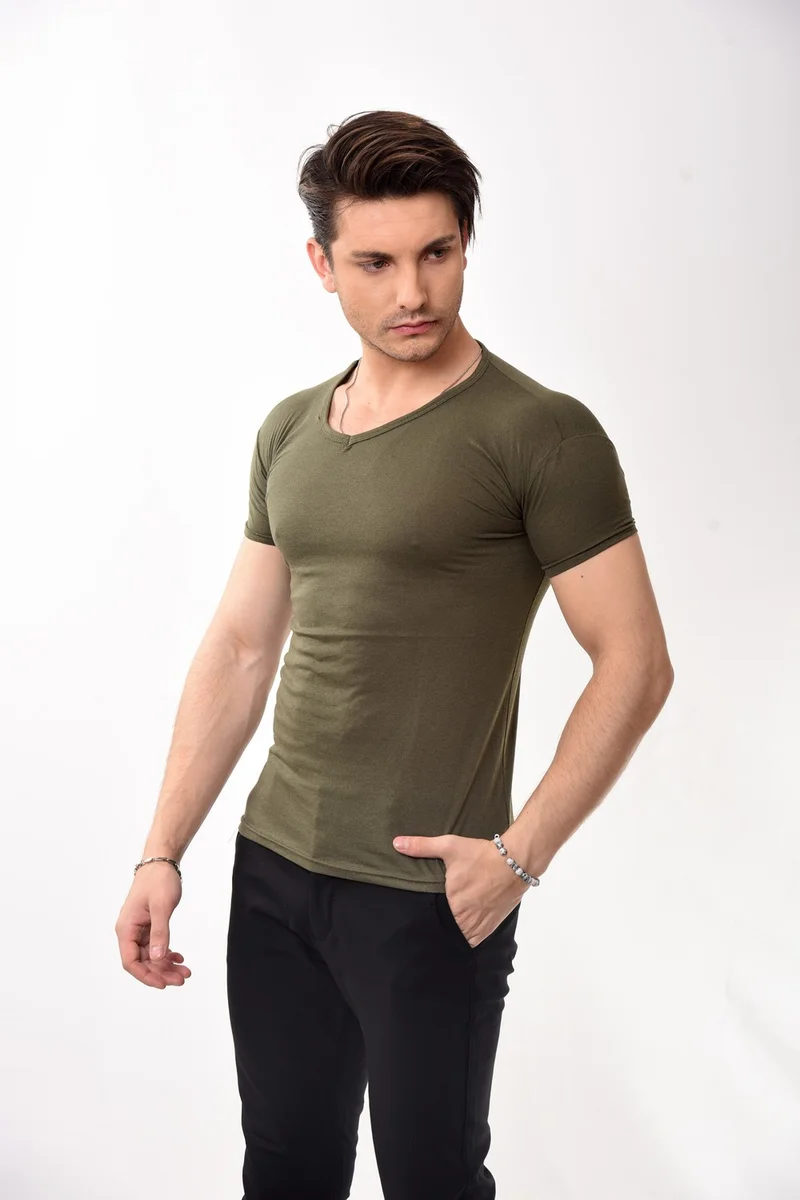 Belifanti Collection V-Neck Basic Slim Fit Men's T-Shirt Khaki