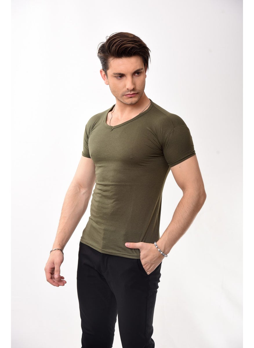 Belifanti Collection V-Neck Basic Slim Fit Men's T-Shirt Khaki  - Image 3