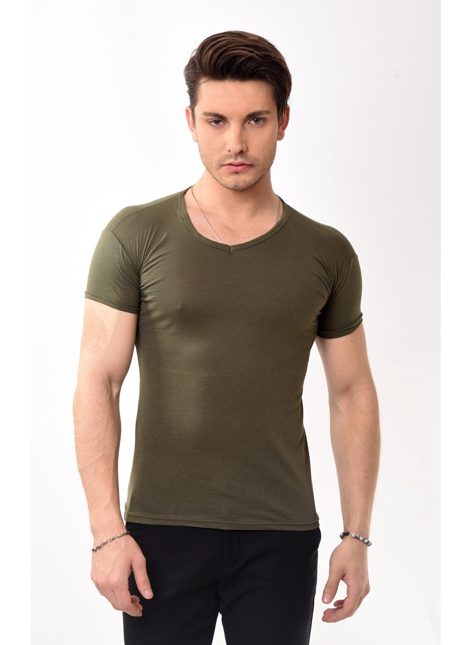 Belifanti Collection V-Neck Basic Slim Fit Men's T-Shirt Khaki  - Image 2