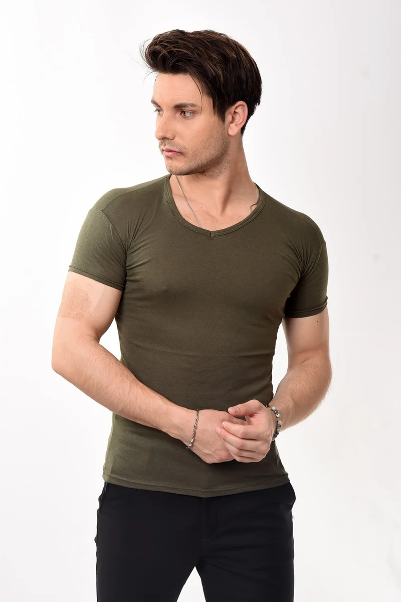 Belifanti Collection V-Neck Basic Slim Fit Men's T-Shirt Khaki