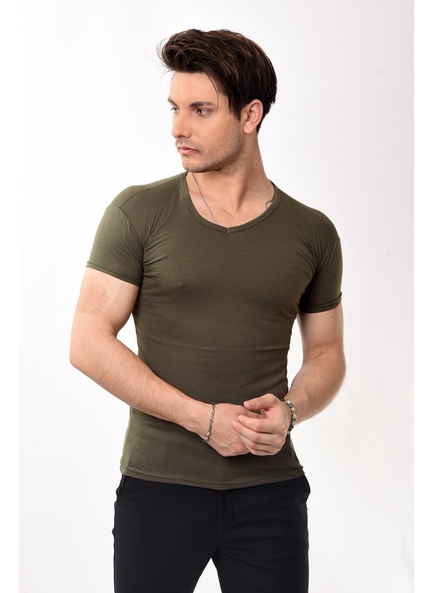 Belifanti Collection V-Neck Basic Slim Fit Men's T-Shirt Khaki  - Image 4