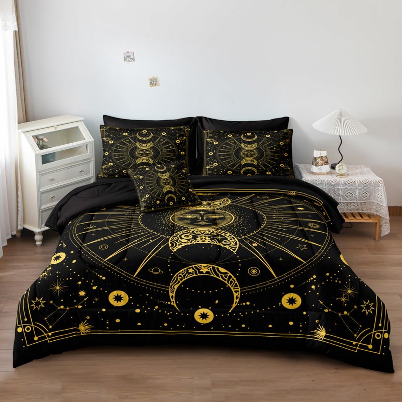 Bedbay Sun Moon Comforter Set 8 Pcs Black and Gold Trippy Galaxy Bedding Set Bed in a Bag Constellation Horoscope Bedding King Bed Set Cosmos Celestial Decor Quilted Duvet Insert(Gold King) - Image 1