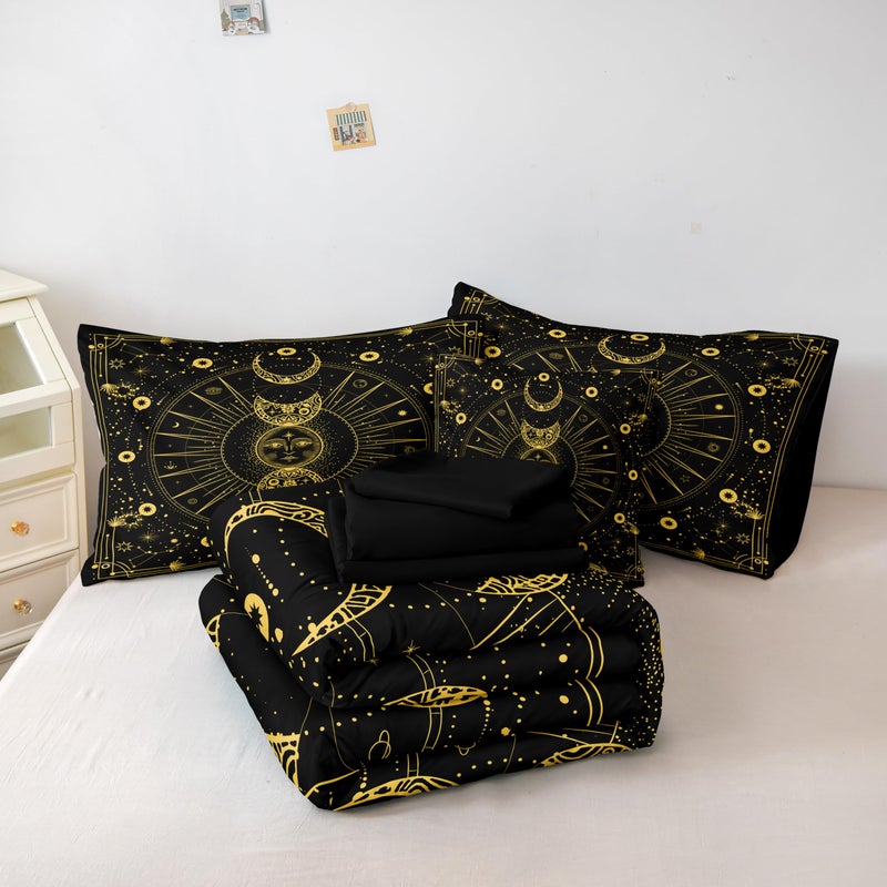 Bedbay Sun Moon Comforter Set 8 Pcs Black and Gold Trippy Galaxy Bedding Set Bed in a Bag Constellation Horoscope Bedding King Bed Set Cosmos Celestial Decor Quilted Duvet Insert(Gold King) - Image 3