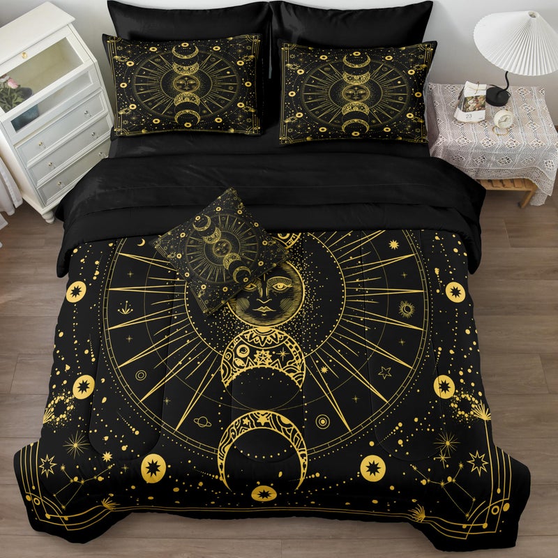 Bedbay Sun Moon Comforter Set 8 Pcs Black and Gold Trippy Galaxy Bedding Set Bed in a Bag Constellation Horoscope Bedding King Bed Set Cosmos Celestial Decor Quilted Duvet Insert(Gold King) - Image 2