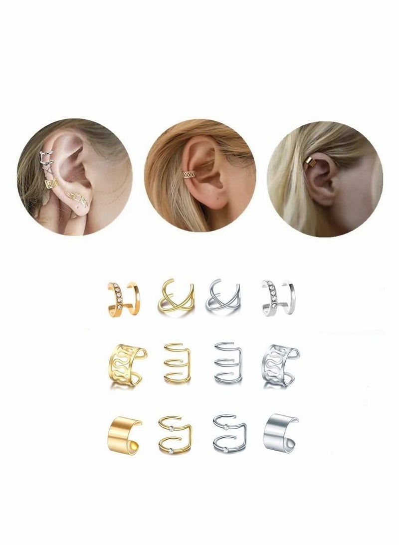 Excefore Ear Cuff Set Fashion Metal Stud Earrings Personality Earrings Stainless Steel Ear Cuff Non Piercing Clip on Cartilage Earrings for Men Women 12 Pcs - Image 2