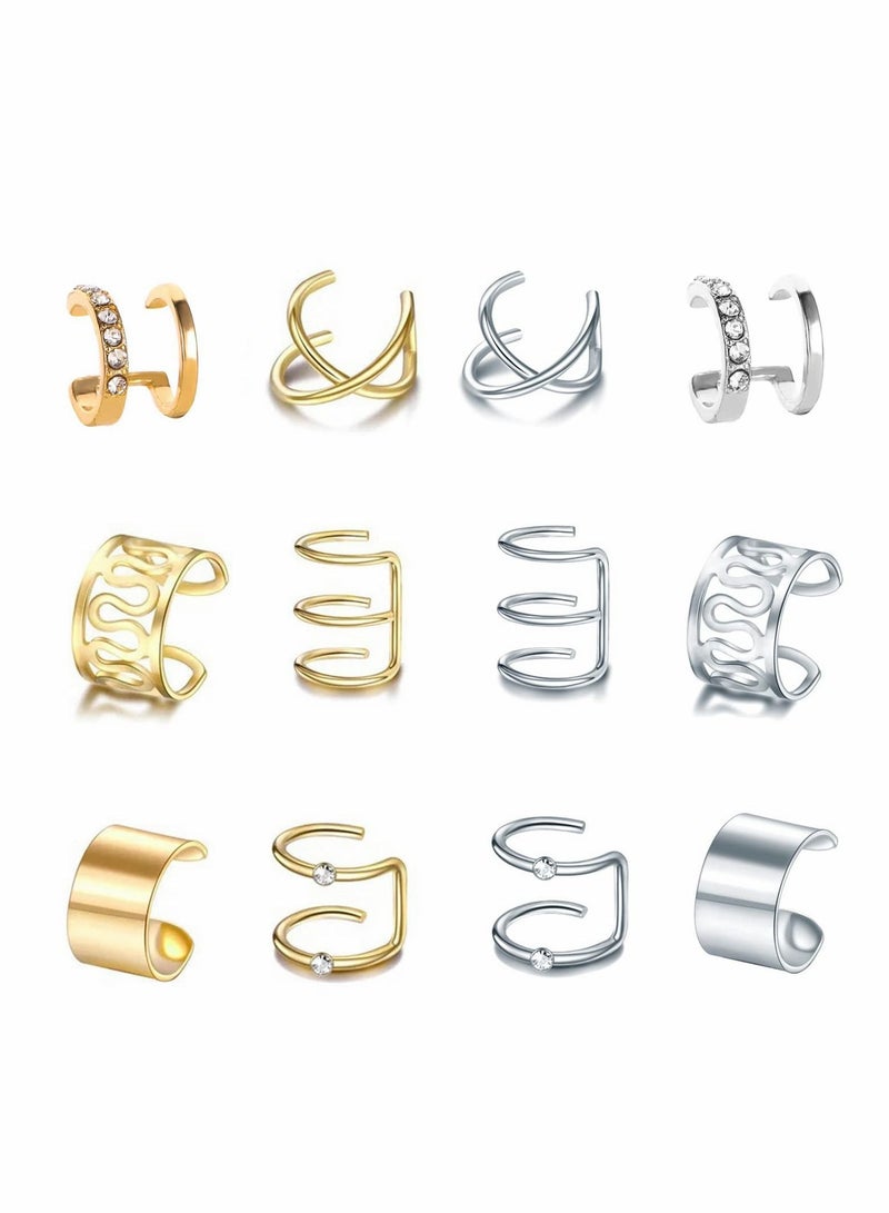 Excefore Ear Cuff Set Fashion Metal Stud Earrings Personality Earrings Stainless Steel Ear Cuff Non Piercing Clip on Cartilage Earrings for Men Women 12 Pcs - Image 1