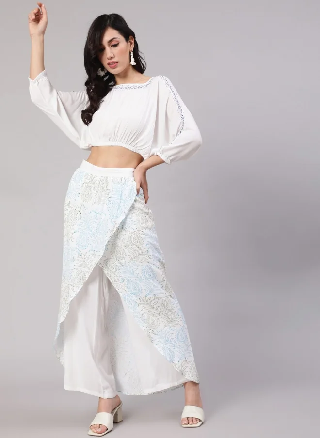 أيه كيه إس White Ethnic Printed Crop Top & Skirt Set for Women