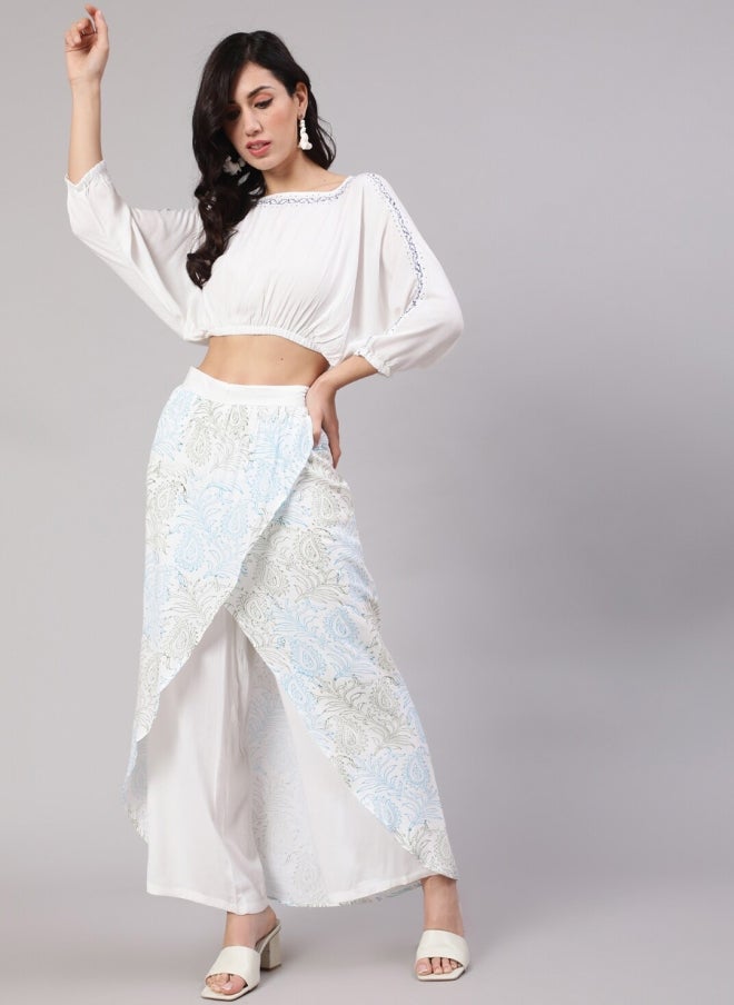 AKS White Ethnic Printed Crop Top & Skirt Set for Women - Image 1