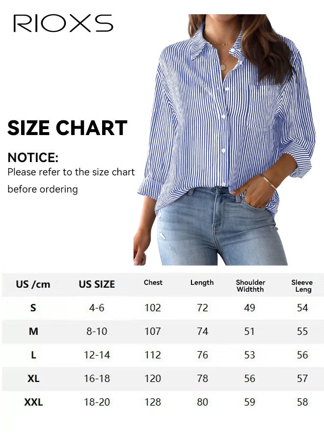 ريوكس قميص نسائي مخطط باللونين الأزرق والأبيض، بلوزة بأكمام طويلة وياقة مفتوحة مع جيب على الصدر، قميص فضفاض غير رسمي بأزرار، قميص قابل للتنفس لفصلي الربيع والصيف، قميص مخطط غير رسمي للمكتب، قميص مناسب لارتدائه في عطلة نهاية الأسبوع، قميص عصري للشابات. - Image 5