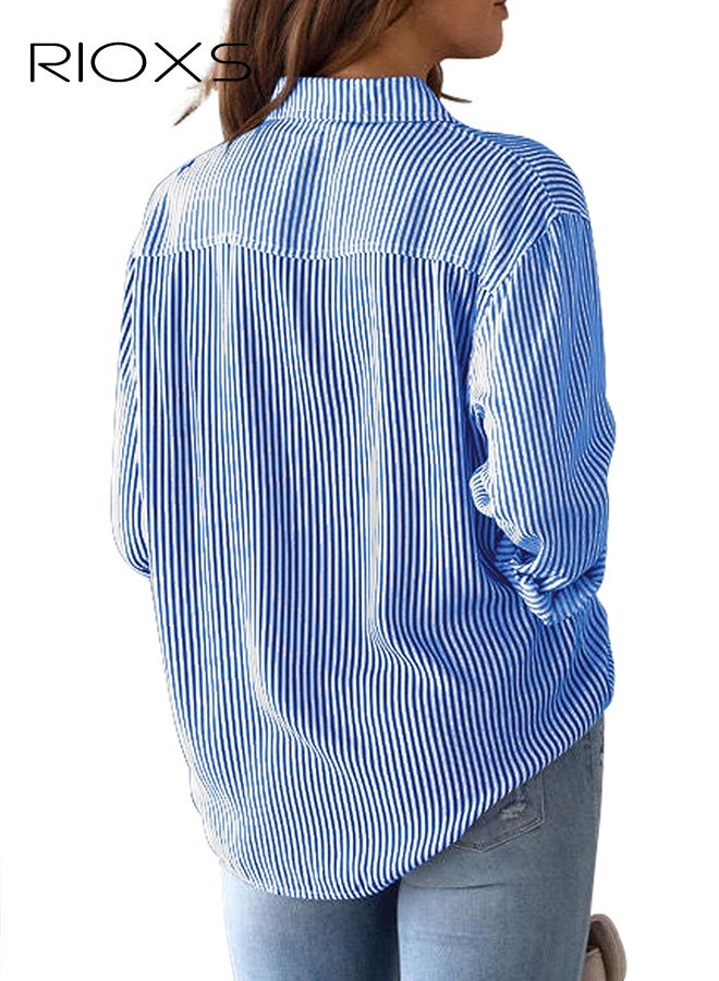 ريوكس قميص نسائي مخطط باللونين الأزرق والأبيض، بلوزة بأكمام طويلة وياقة مفتوحة مع جيب على الصدر، قميص فضفاض غير رسمي بأزرار، قميص قابل للتنفس لفصلي الربيع والصيف، قميص مخطط غير رسمي للمكتب، قميص مناسب لارتدائه في عطلة نهاية الأسبوع، قميص عصري للشابات. - Image 2