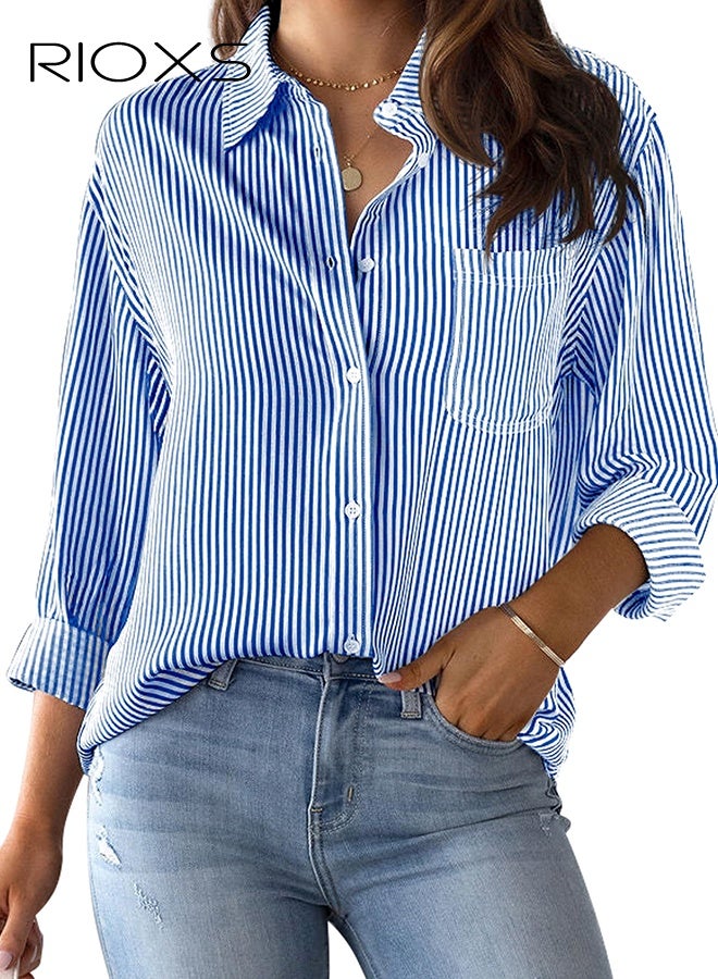 ريوكس قميص نسائي مخطط باللونين الأزرق والأبيض، بلوزة بأكمام طويلة وياقة مفتوحة مع جيب على الصدر، قميص فضفاض غير رسمي بأزرار، قميص قابل للتنفس لفصلي الربيع والصيف، قميص مخطط غير رسمي للمكتب، قميص مناسب لارتدائه في عطلة نهاية الأسبوع، قميص عصري للشابات. - Image 1