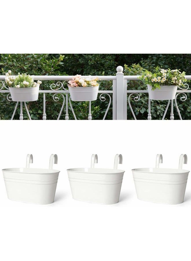 Dahey 3 قطع 10.5 بوصة أواني زهور معدنية حديدية معلقة لسياج الدرابزين دلو زهور أسلوب ريفي حامل نباتات زهور نافذة مع خطافات قابلة للفصل ديكور منزلي، أبيض - Image 1