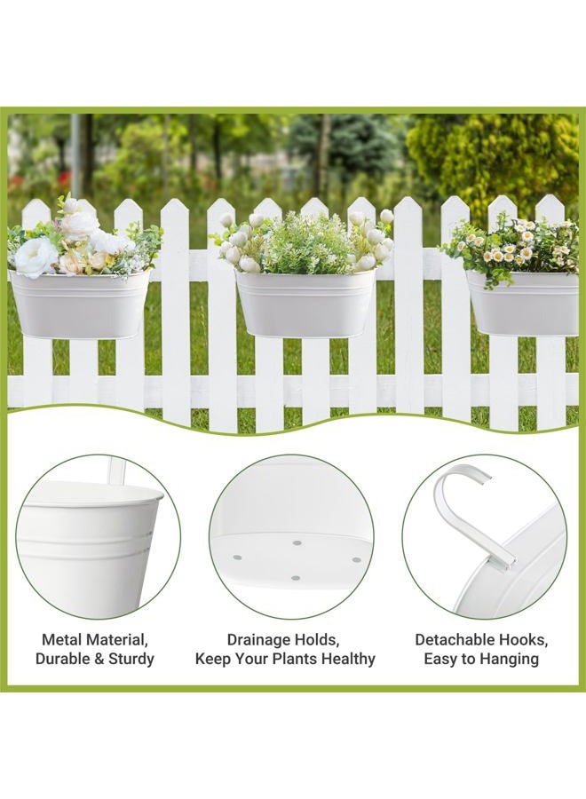 Dahey 3 قطع 10.5 بوصة أواني زهور معدنية حديدية معلقة لسياج الدرابزين دلو زهور أسلوب ريفي حامل نباتات زهور نافذة مع خطافات قابلة للفصل ديكور منزلي، أبيض - Image 3
