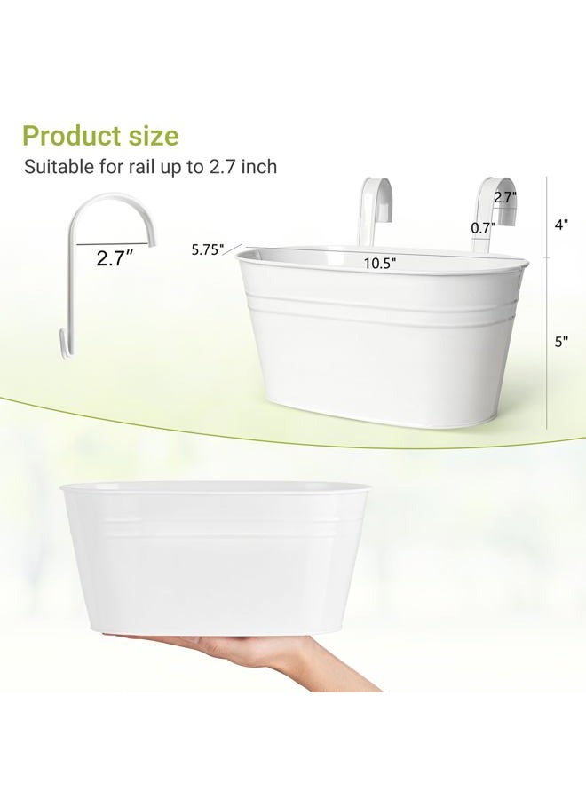 Dahey 3 قطع 10.5 بوصة أواني زهور معدنية حديدية معلقة لسياج الدرابزين دلو زهور أسلوب ريفي حامل نباتات زهور نافذة مع خطافات قابلة للفصل ديكور منزلي، أبيض - Image 2