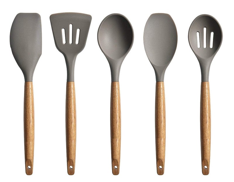 Baskety Silicone cookware 5 Pieces with Wooden Handle Kitchen Utensils 5 Set Including Spatula Turner Soup Spoon Serving Spoon Slide Spoon - Image 1