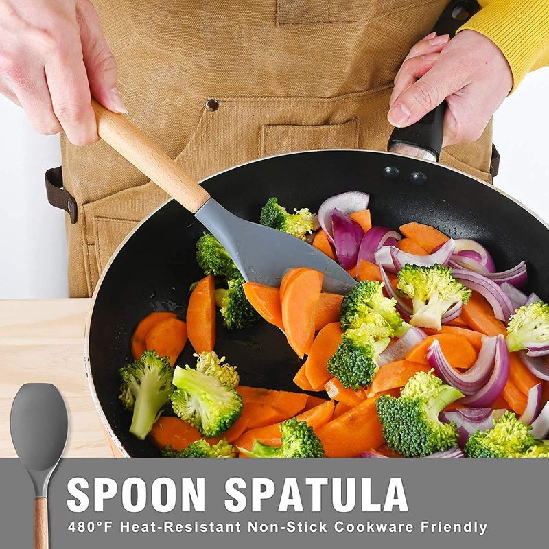 Baskety Silicone cookware 5 Pieces with Wooden Handle Kitchen Utensils 5 Set Including Spatula Turner Soup Spoon Serving Spoon Slide Spoon - Image 4