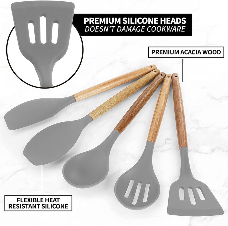 Baskety Silicone cookware 5 Pieces with Wooden Handle Kitchen Utensils 5 Set Including Spatula Turner Soup Spoon Serving Spoon Slide Spoon - Image 3