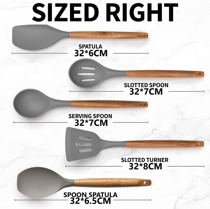 Baskety Silicone cookware 5 Pieces with Wooden Handle Kitchen Utensils 5 Set Including Spatula Turner Soup Spoon Serving Spoon Slide Spoon - Image 2