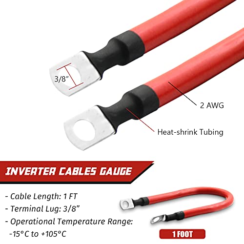 KEDAKEJI 2 AWG 2 Gauge Red + Black Pure Copper Battery Cables Power Inverter Wire Set for Solar, RV, Car, Boat, Automotive 12in 3/8 in Lugs (2PCS) - Image 4