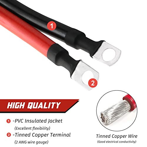 KEDAKEJI 2 AWG 2 Gauge Red + Black Pure Copper Battery Cables Power Inverter Wire Set for Solar, RV, Car, Boat, Automotive 12in 3/8 in Lugs (2PCS) - Image 2