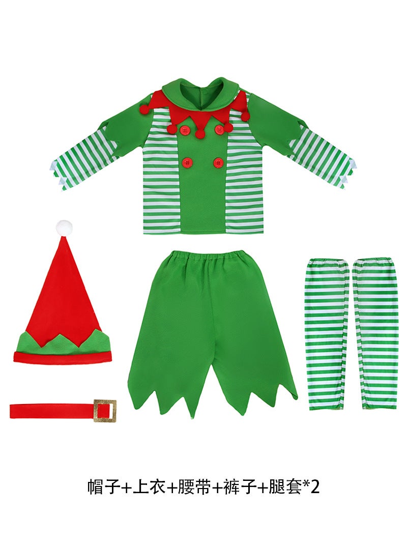 Kids Girls Boys Christmas Elf Cosplay Costume Green Jumpsuit Hat Gloves