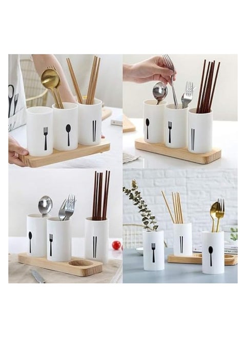 Cutlery Holder | Silverware Caddy | Plastic Self Draining Flatware Caddy For Countertop | Flatware Utensil Caddy For Spoon, Fork & Chopstick | Kitchen Utensil Caddy With Wood Base (White)