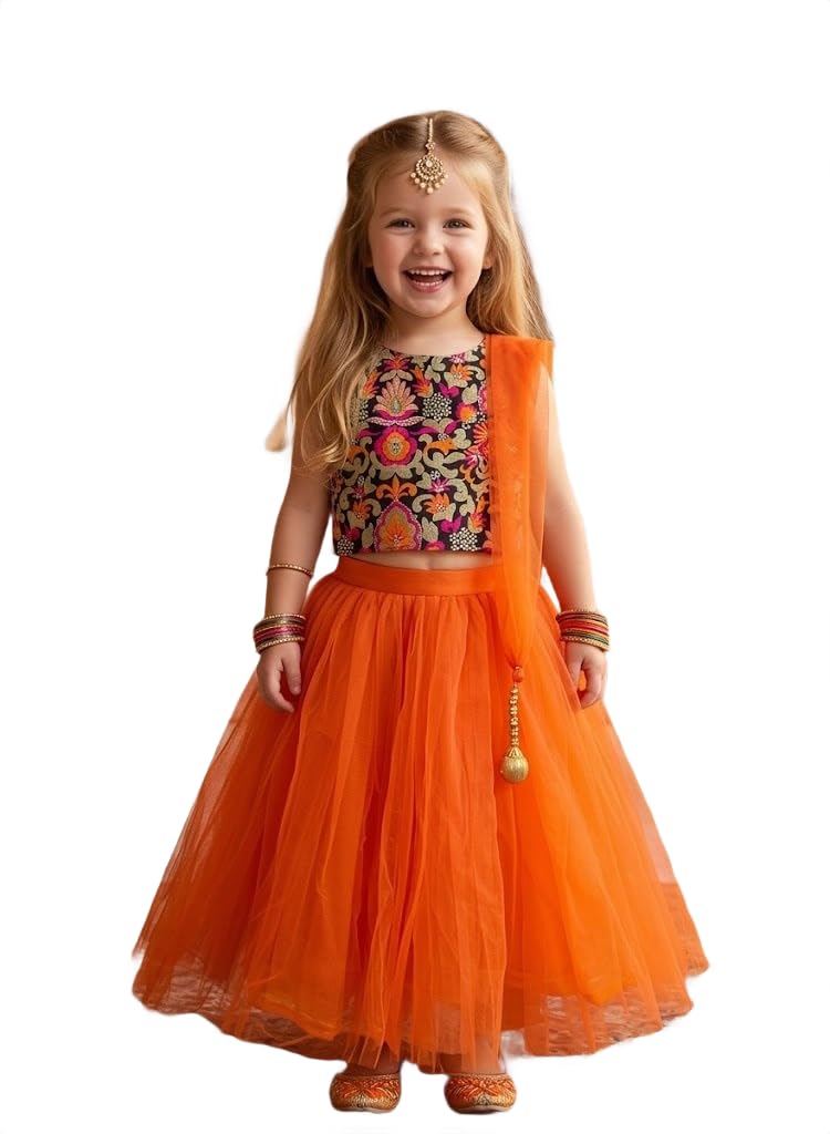 A.T.U.N. (ALL THINGS UBER NICE) Baby-Girls Synthetic Readymade Ghagra Choli And Dupatta Set (Glhg Taf Org_Multi-Orange_1-2 Years) - Image 1