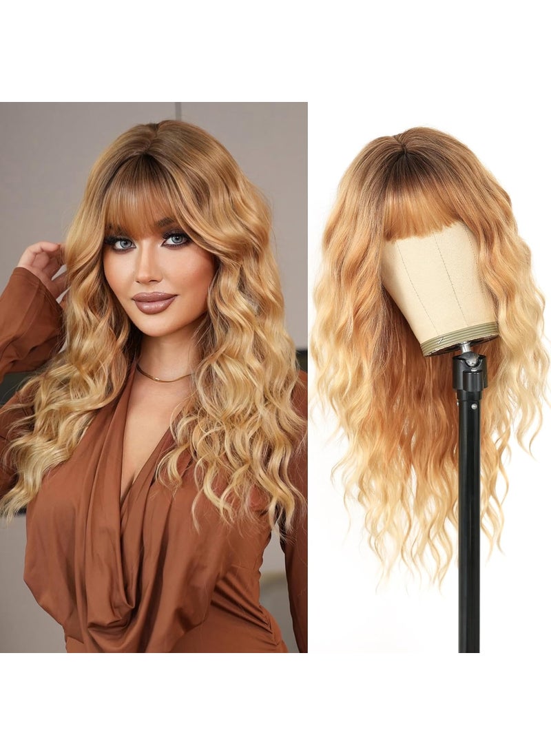 7JHH WIGS - 7JHH WIGS Long Blonde Curly Wavy Wigs with Bangs High Natural Hair Soft and Gorgeous Dark Root Curls wigs for White Women Daily Used - Image 1