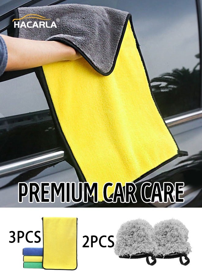 HACARLA 2 Pcs Car Cleaning Glove Car Cleaning Mitts Grey And 3 Pcs Car Drying Towel Microfiber Water Absorbent Cleaning Cloth for Car Wash  - Image 1