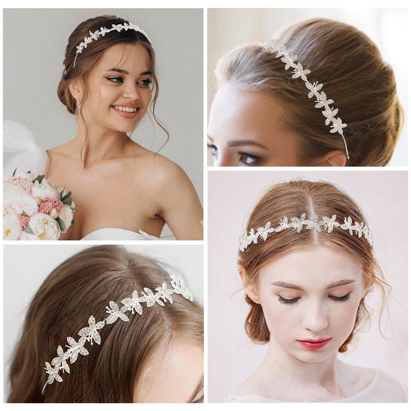 Exacoo Wedding Headbands for Women Girls Bride Headband Bridal Headpieces Crystal Hair Band Crown Silver Tiara Wedding Gifts Hair Accessories Elegant Fairy Rhinestone Handmade Butterfly Headband - Image 2
