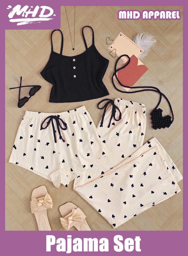 MHD European Style Ribbed Heart Print Casual Sling Vest Shorts and Long Pants Set for Women - Image 1