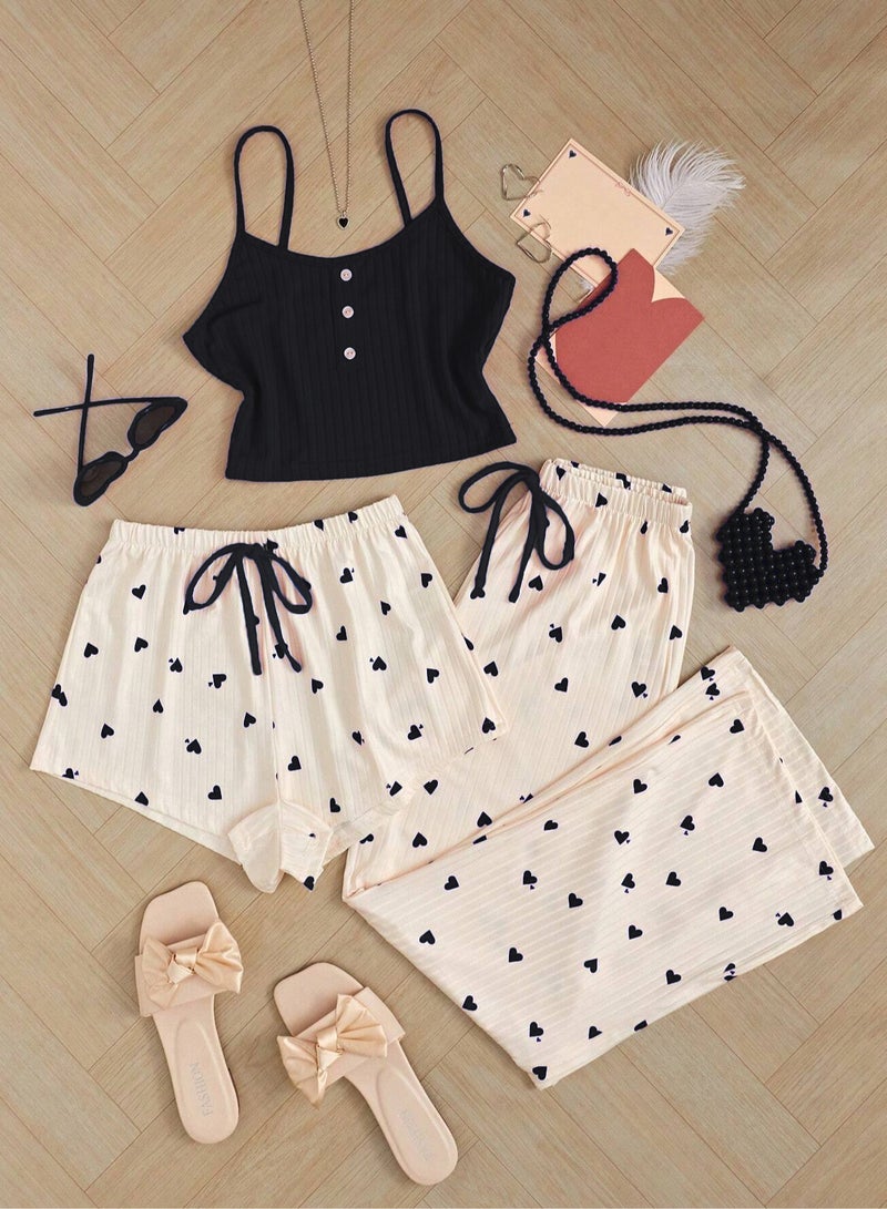 MHD European Style Ribbed Heart Print Casual Sling Vest Shorts and Long Pants Set for Women - Image 2