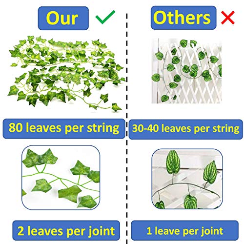 Tdas Artificial Plants Leaves Ivy Garlands Plant Greenery Hanging Vine Creeper Home Decor Door Wall Balcony Decoration Party Festival Craft, 80 Leaves, Green (6 pcs) Silk;Plastic - Image 2