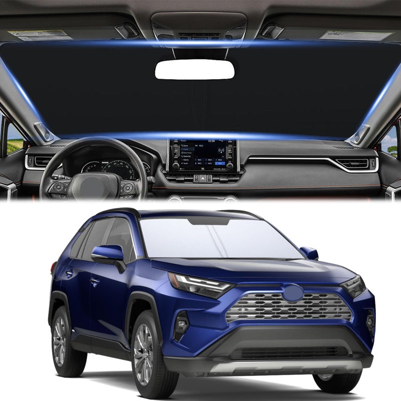 4Layer Foldable Sun Shade Compatible with 20192025 Toyota RAV4 RAV4 Prime Thicker Front Window Windshield Sun Protector with Storage Pouch Reflective Polyester Blocks UV Rays and Heat
