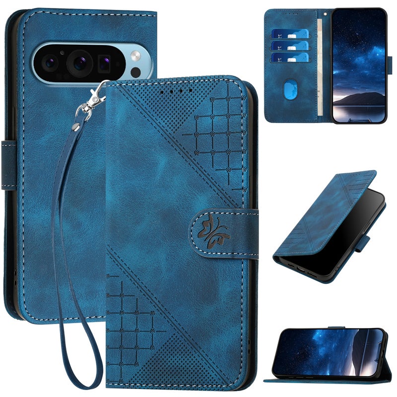 HuHa Protective Cover For Google Pixel 9 / 9 Pro Grid Butterfly Embossed Pattern Leather Phone Case with Lanyard(Dark Blue) - Image 1