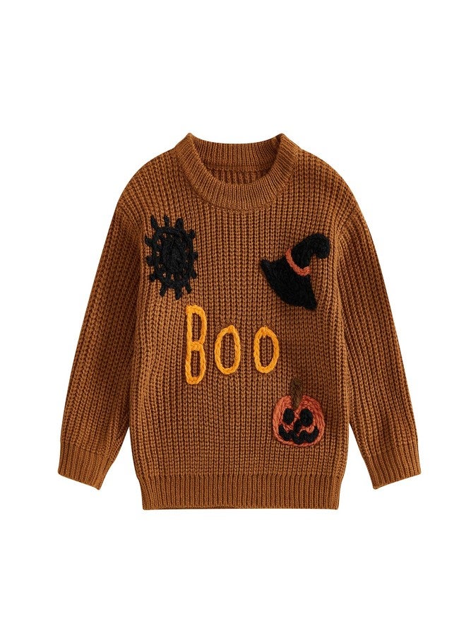 MoZiKQin Baby Halloween Outfit Boy Girl Pumpkin Sweater Ghost Embroidery Knit Sweatshirt Infant Toddler Halloween Clothes (Witch Hat Print-Brown, 2-3 Years) - Image 1
