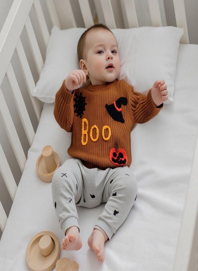 MoZiKQin Baby Halloween Outfit Boy Girl Pumpkin Sweater Ghost Embroidery Knit Sweatshirt Infant Toddler Halloween Clothes (Witch Hat Print-Brown, 2-3 Years) - Image 2