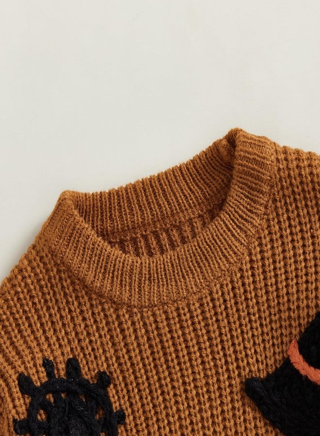 MoZiKQin Baby Halloween Outfit Boy Girl Pumpkin Sweater Ghost Embroidery Knit Sweatshirt Infant Toddler Halloween Clothes (Witch Hat Print-Brown, 2-3 Years) - Image 4
